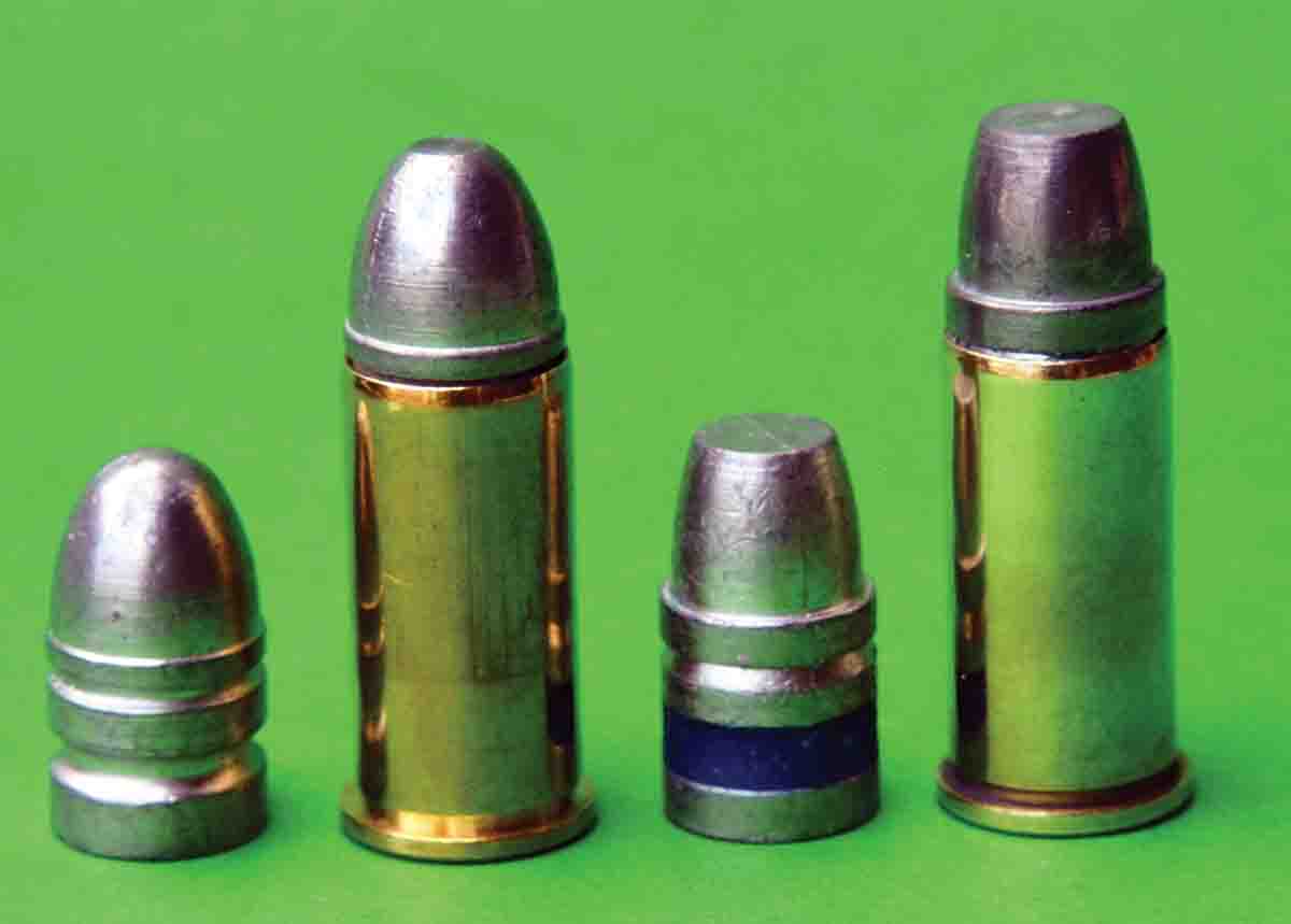Cast bullets are generally the best choice for handloading the .44 Russian. Examples include left to right; Lyman 246-grain roundnose from mould No. 429383 and the 250-grain Lyman Keith No. 429421.